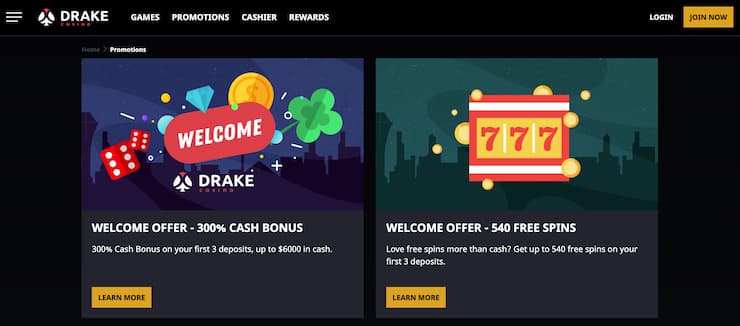 Drake Casino bonus page - Drake Casino Review