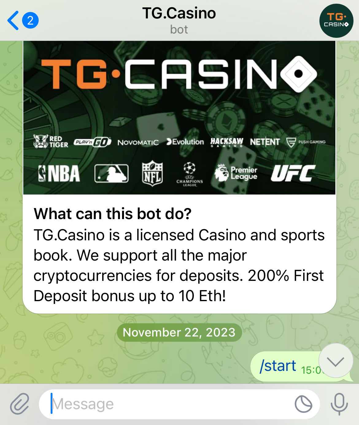 A screenshot of the beginning of the registration step for the betting site TG Casino
