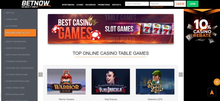 best $20 minimum deposit casinos in US - BetNow Casino games section
