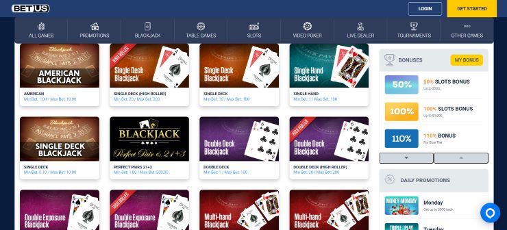 top-rated live dealer blackjack casinos for US players - BetUS blackjack page