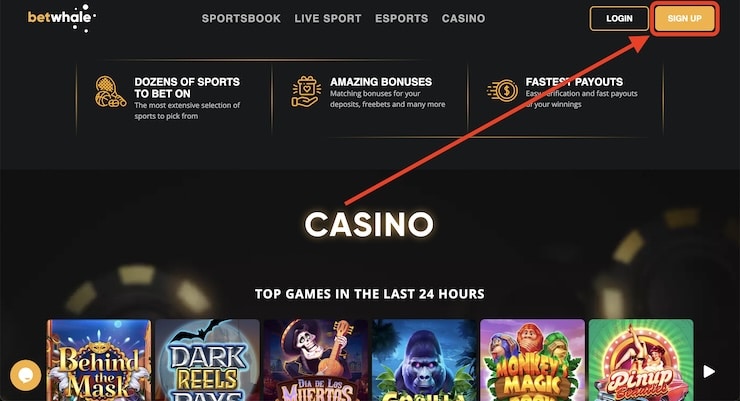 A screenshot of the homepage at the gambling site BetWhale with the Sign Up button highlighted