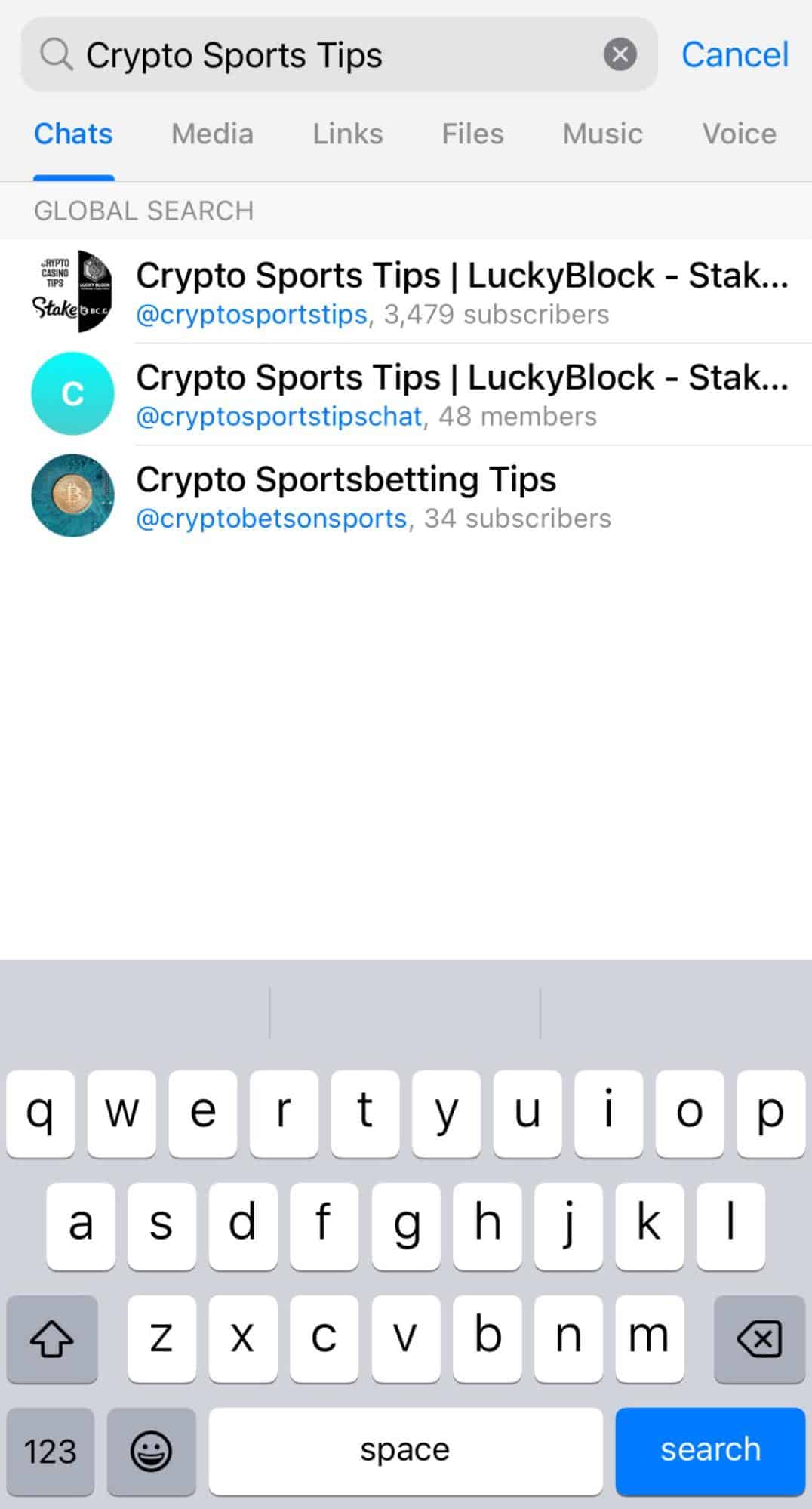 A screenshot of a search for "crypto sports tips" on Telegram