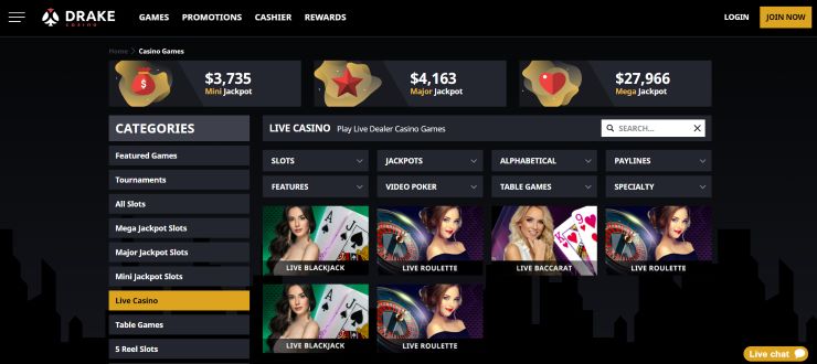 top-rated live dealer blackjack casinos in the USA - Drake Casino live blackjack casino page