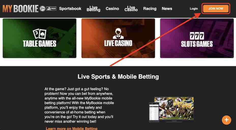 A screenshot of the the MyBookie homepage with the Join Now button highlighted