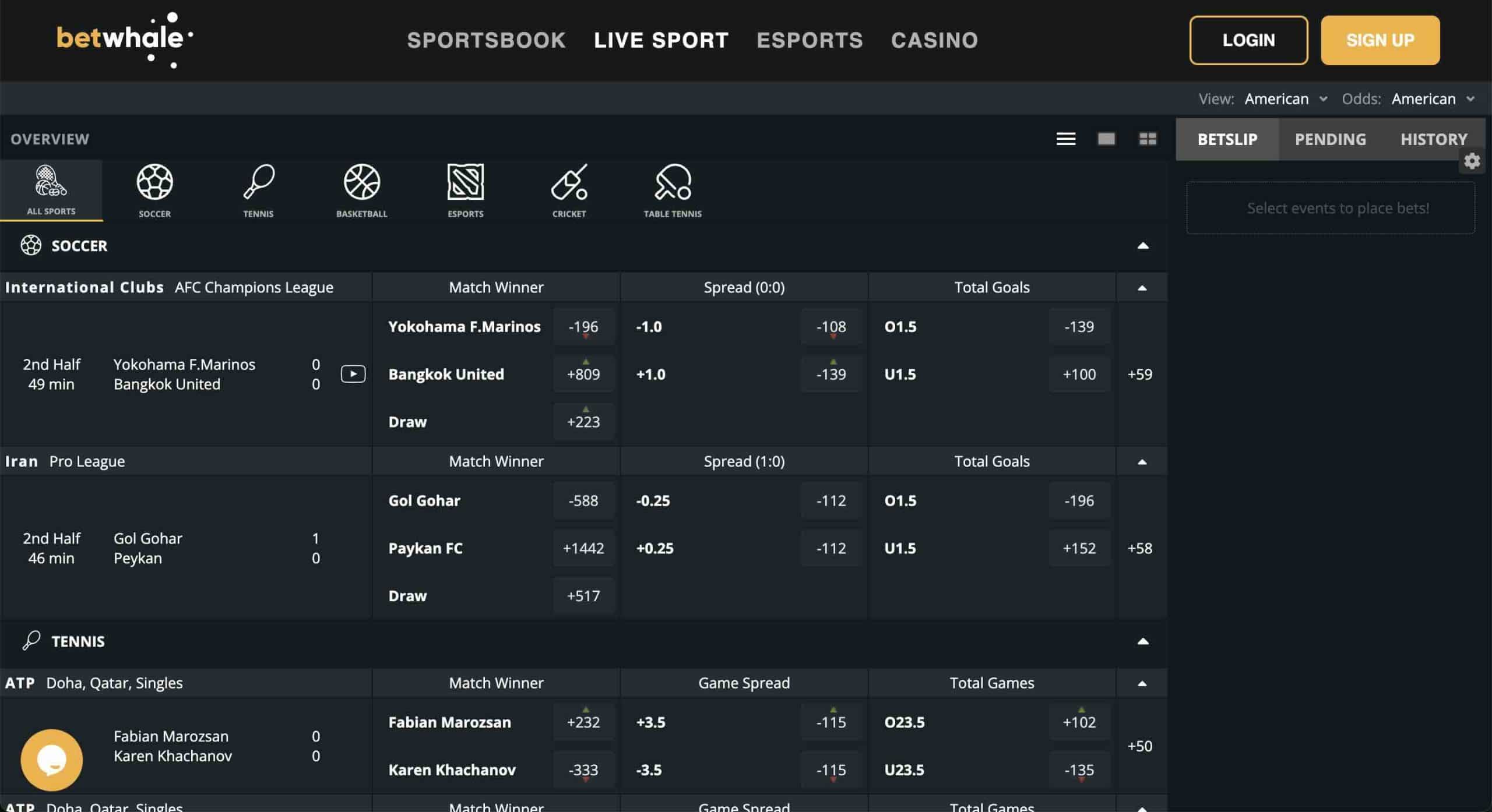 A screenshot of the live betting console at BetWhale