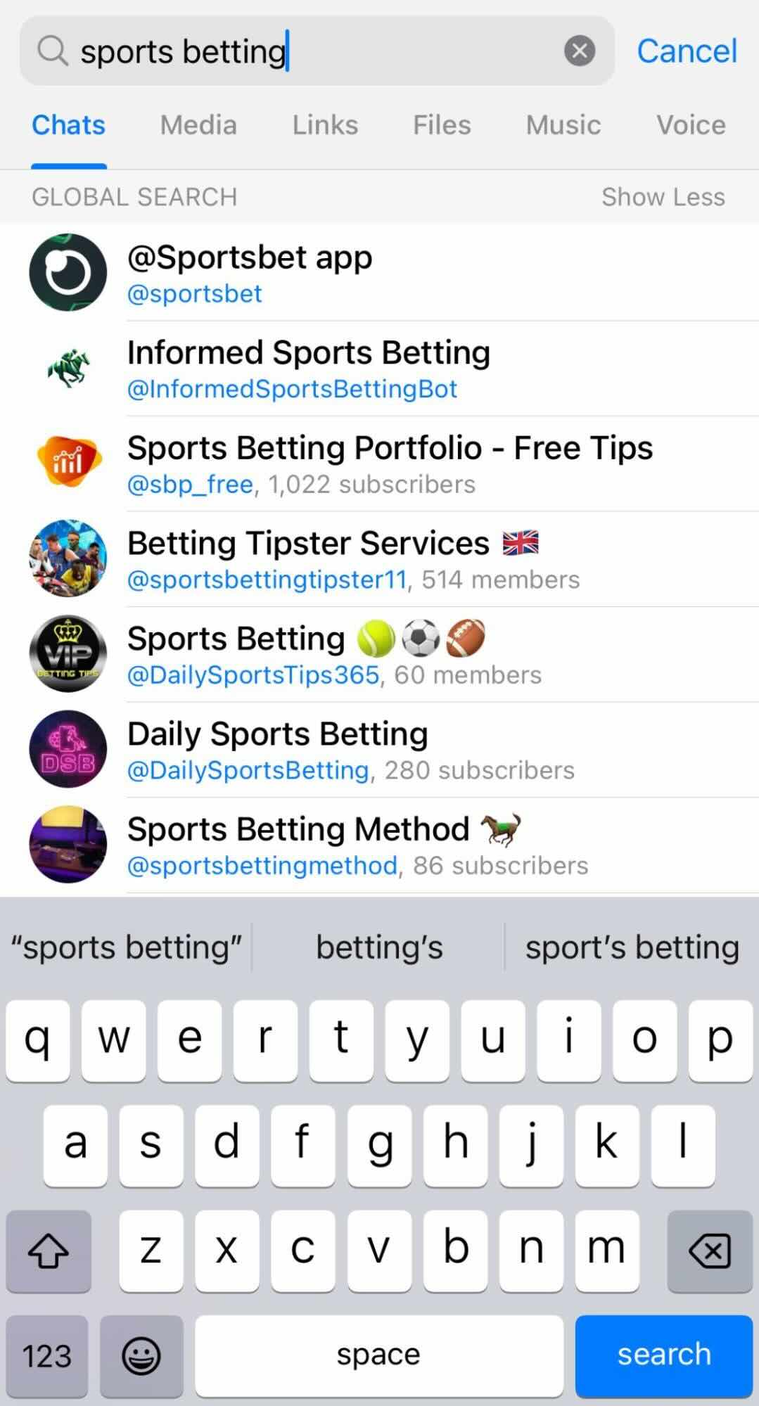 A screenshot of a "sports betting" search on Telegram