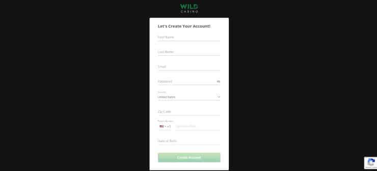 Wild Casino sign up pocess step 2 - Register an Account