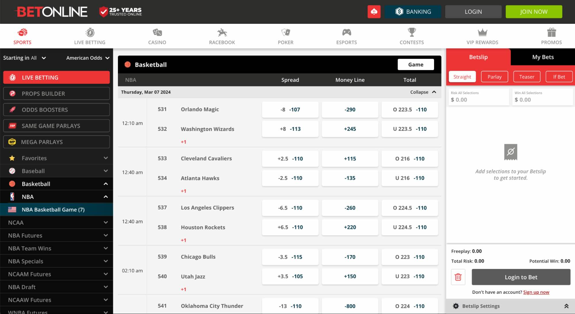 A screenshot of alternate point markets at the online sportsbook BetOnline