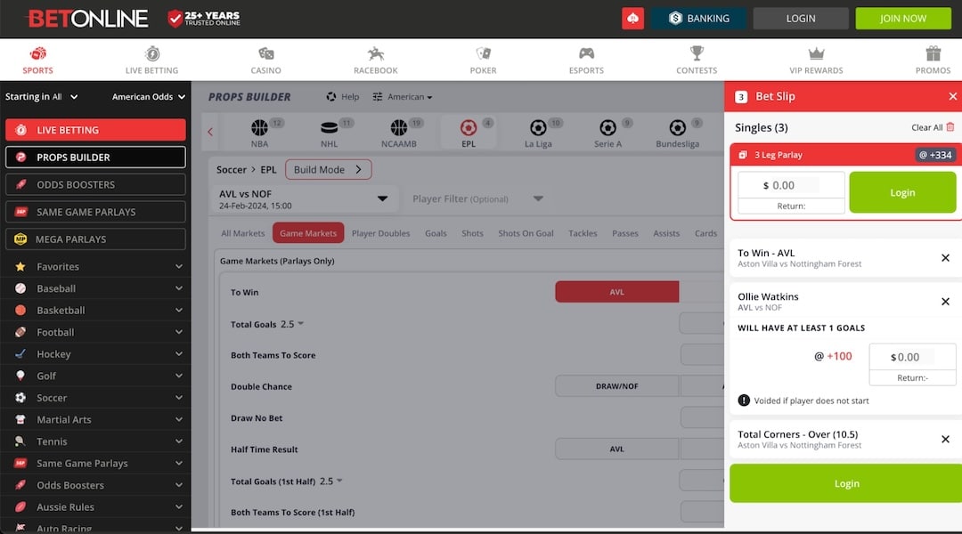 A Soccer Same Game Parlay at BetOnline