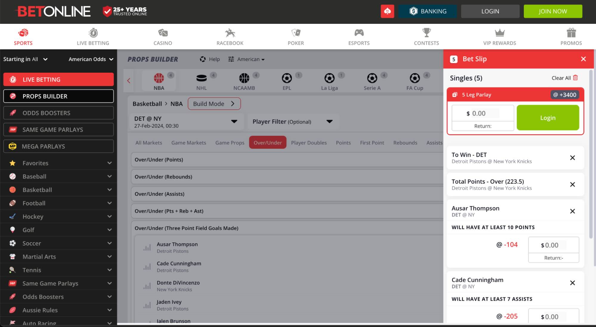 A screenshot of a Same Game Parlay bet on an NBA match at the BetOnline sportsbook