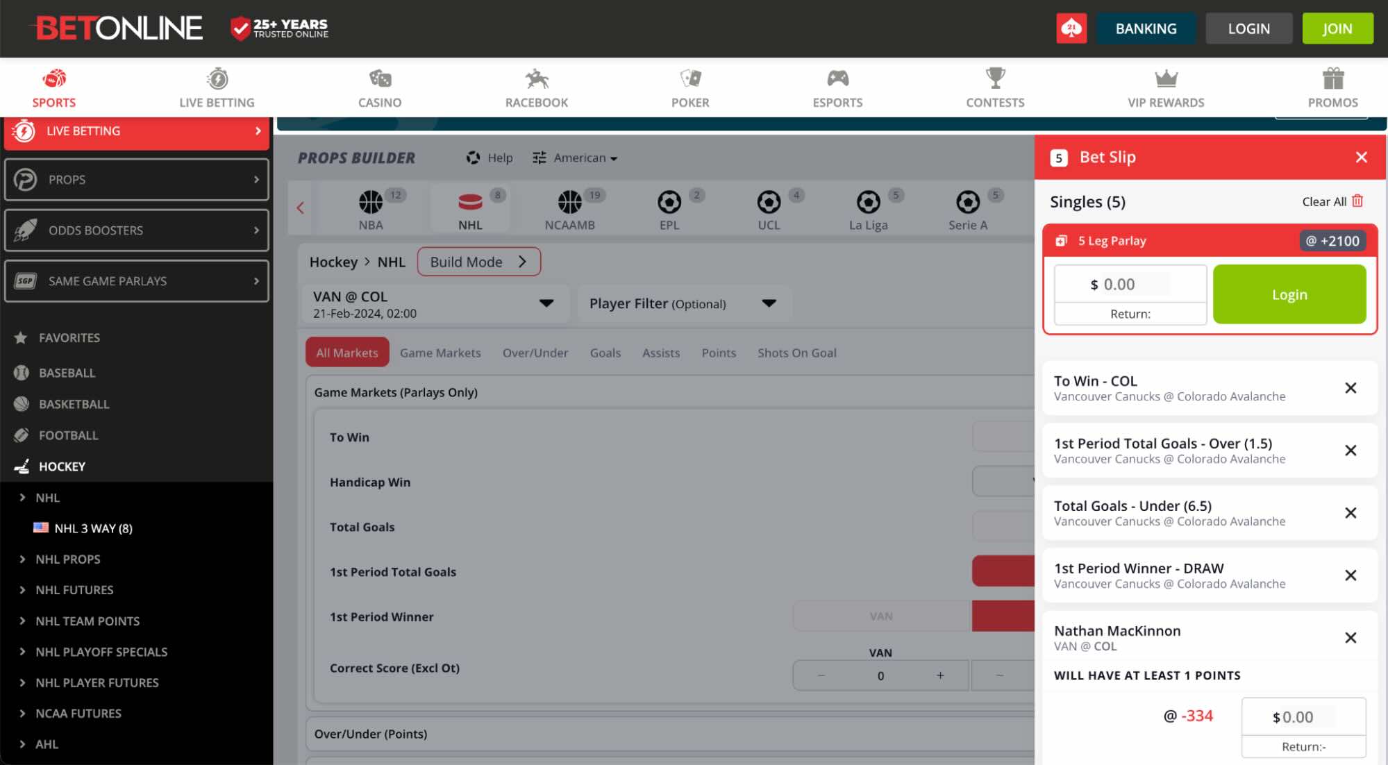 A screenshot of a Same Game Parlay bet on an NHL match at the BetOnline sportsbook
