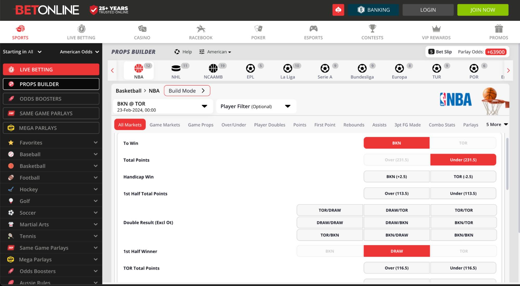 A screenshot of the BetOnline props builder