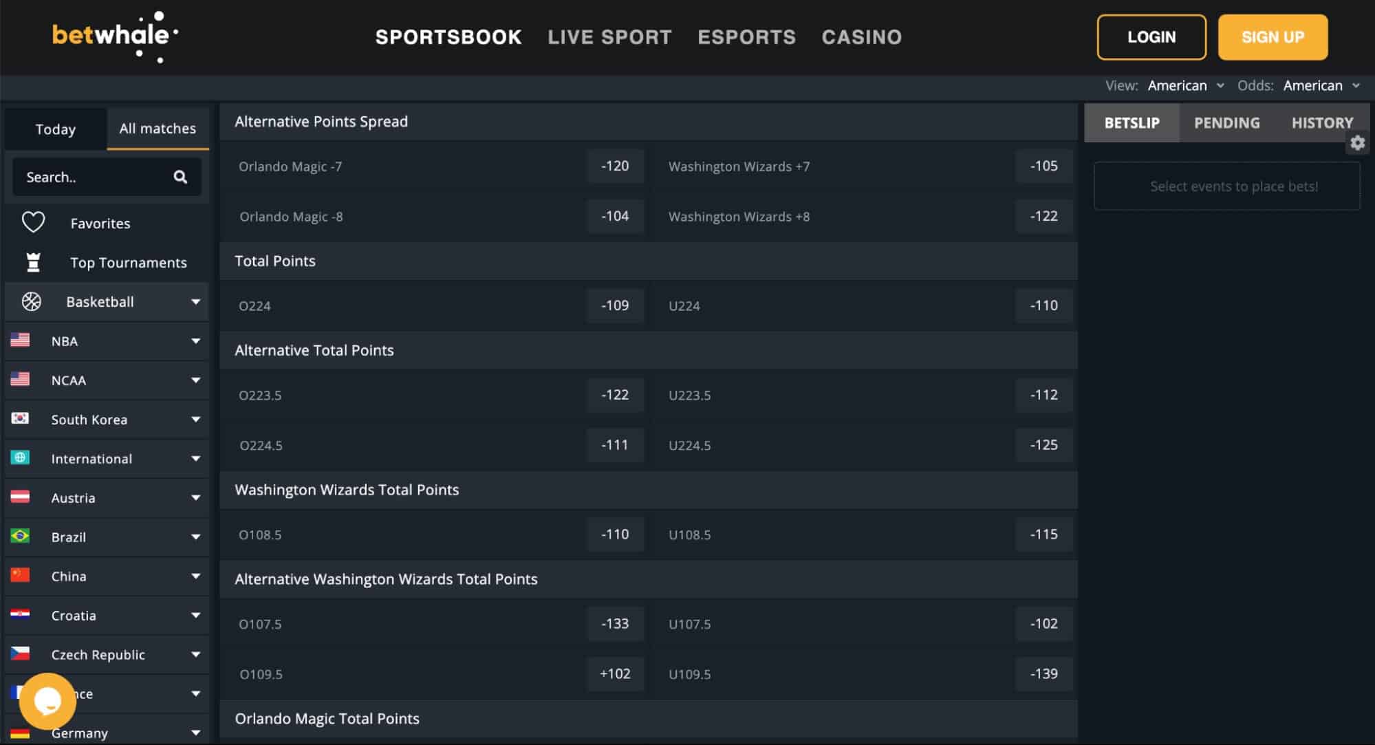 A screenshot of the alternate points market at the sports gambling site BetWhale