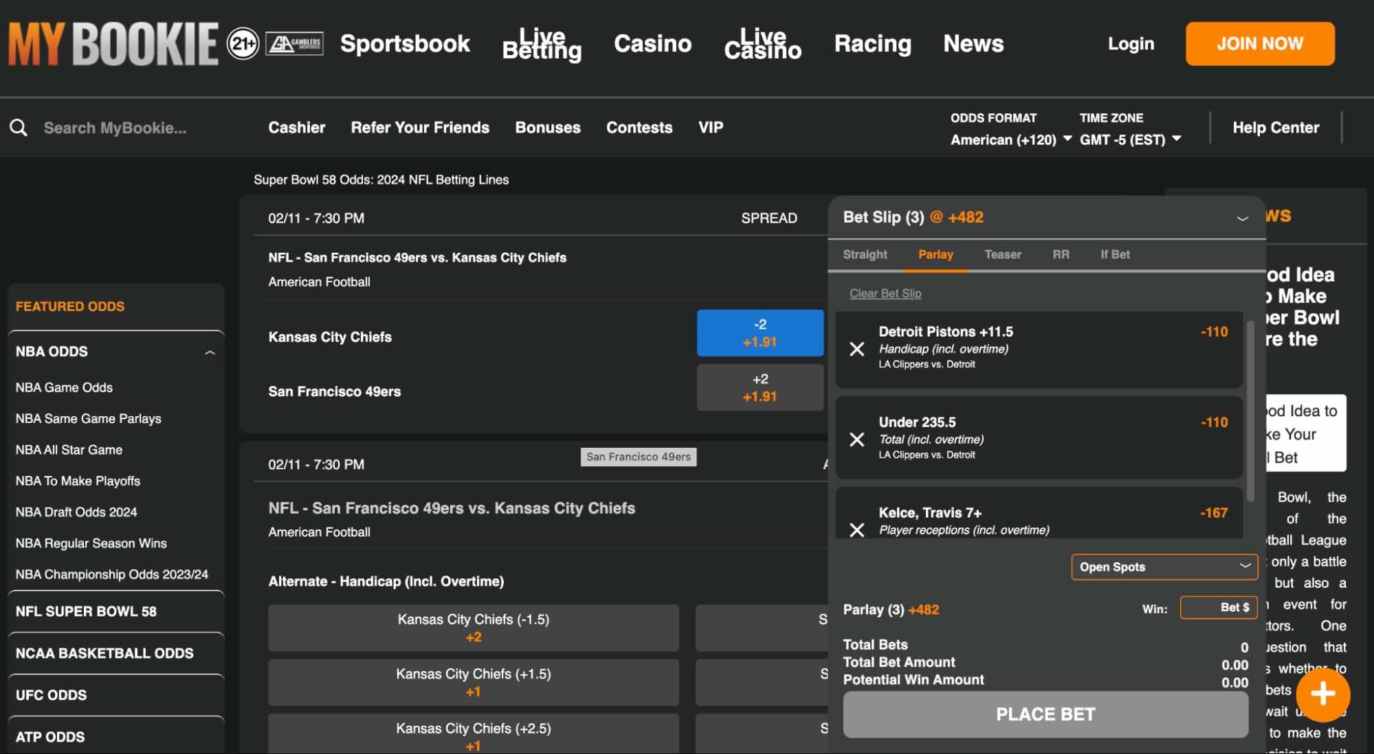 A screenshot of a Same Game Parlay bet on an NFL match at the MyBookie sportsbook