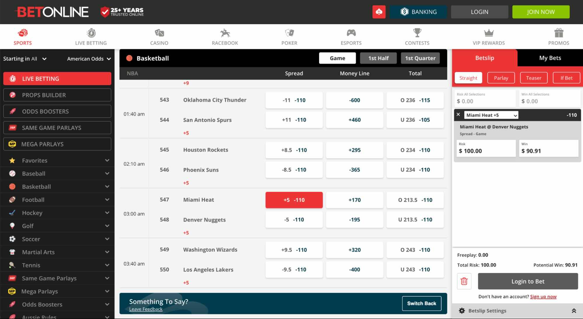 A screenshot of an NBA bet following the Blowout Betting Strategy