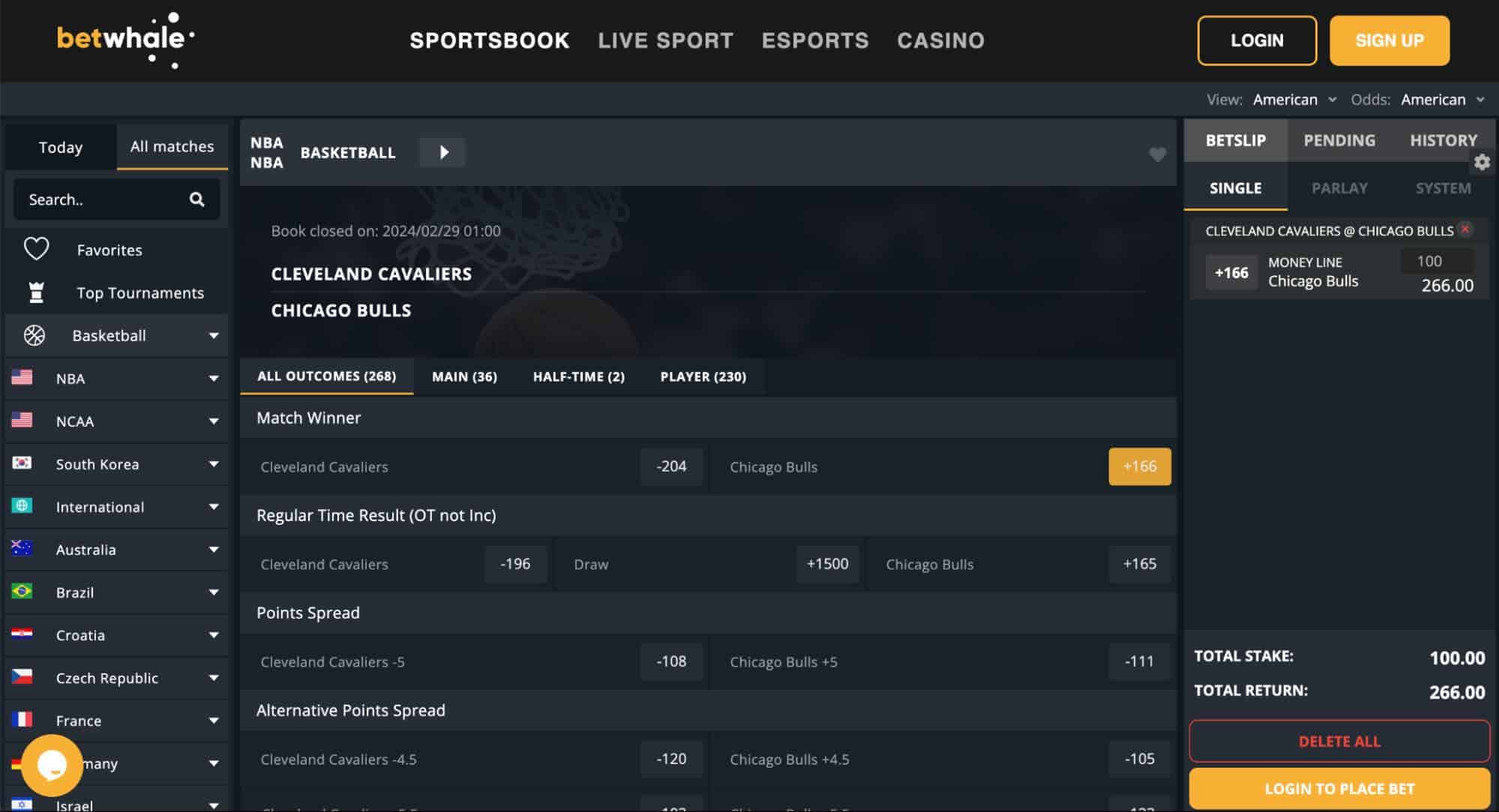 A screenshot of an NBA moneyline bet at the sports betting site BetWhale