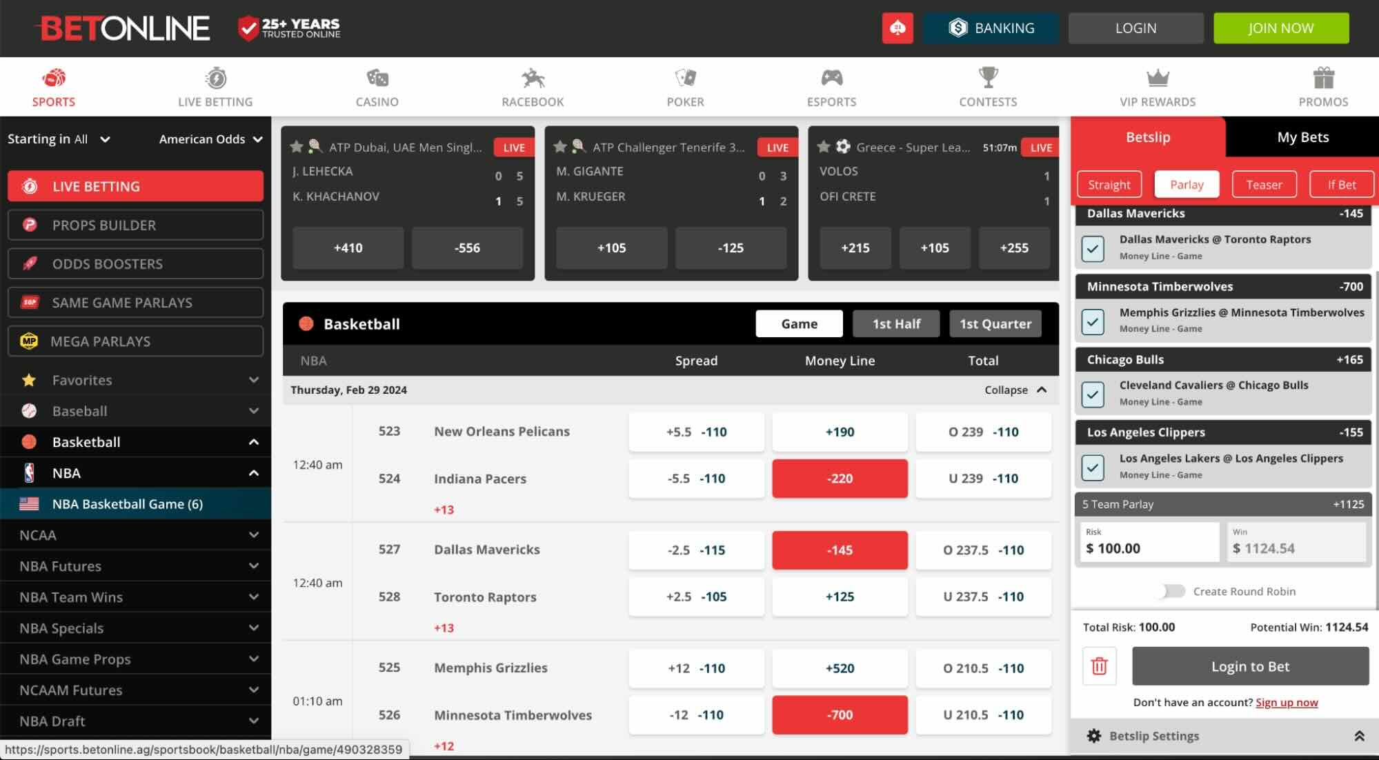 An NBA Parlay wager at the sportsbook BetOnline
