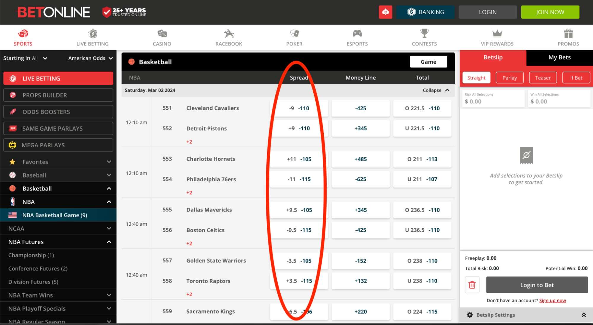 NBA matches listed in the sportsbook at BetOnline