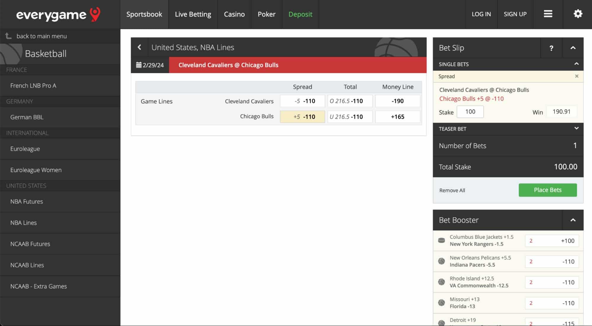A screenshot of an NBA spread bet placed at the sports gambling site Everygame