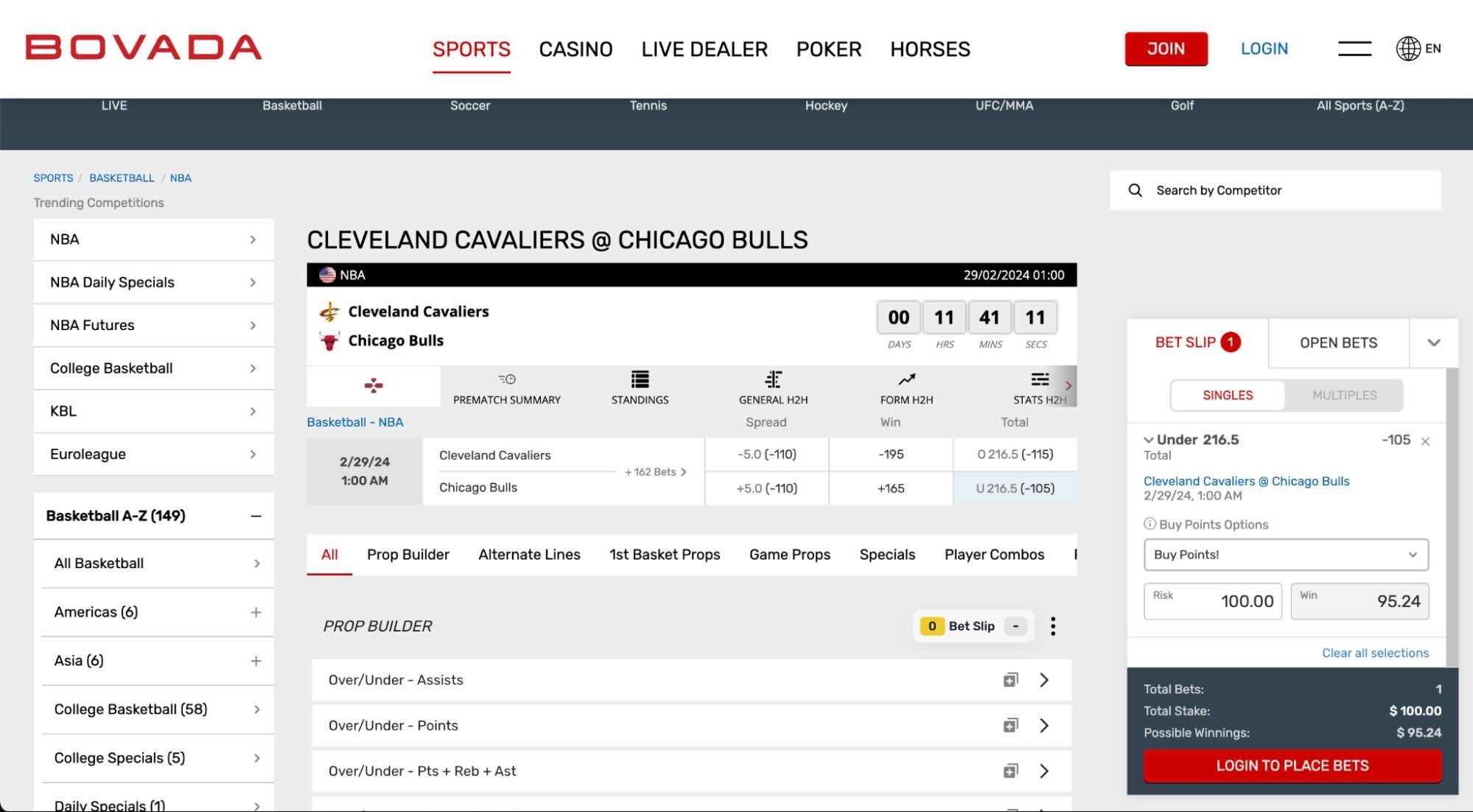 A screenshot of an NBA over/under bet at the online sportsbook Bovada