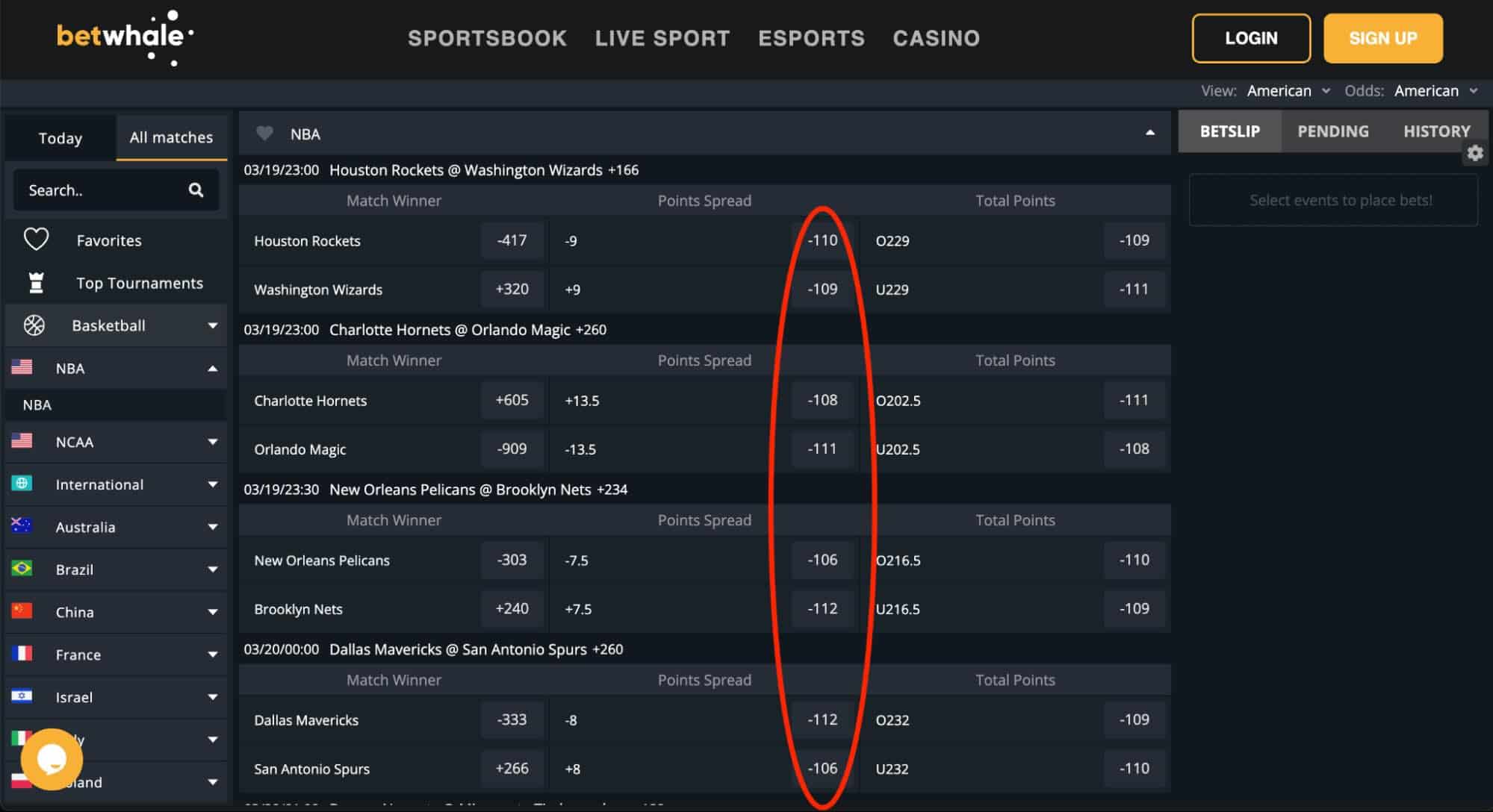 A screenshot of spread odds at the sportsbook BetWhale with a red circle highlighting how spread odds are often around -100