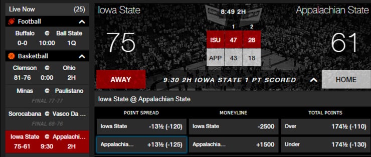 A screenshot of the live betting section for the game between Iowa State and Appalachian State