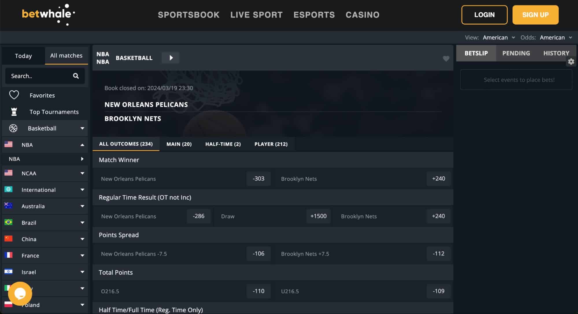 A screenshot of odds at the sports betting site BetWhale for an NBA basketball game between the New Orleans Pelicans and Brooklyn Nets