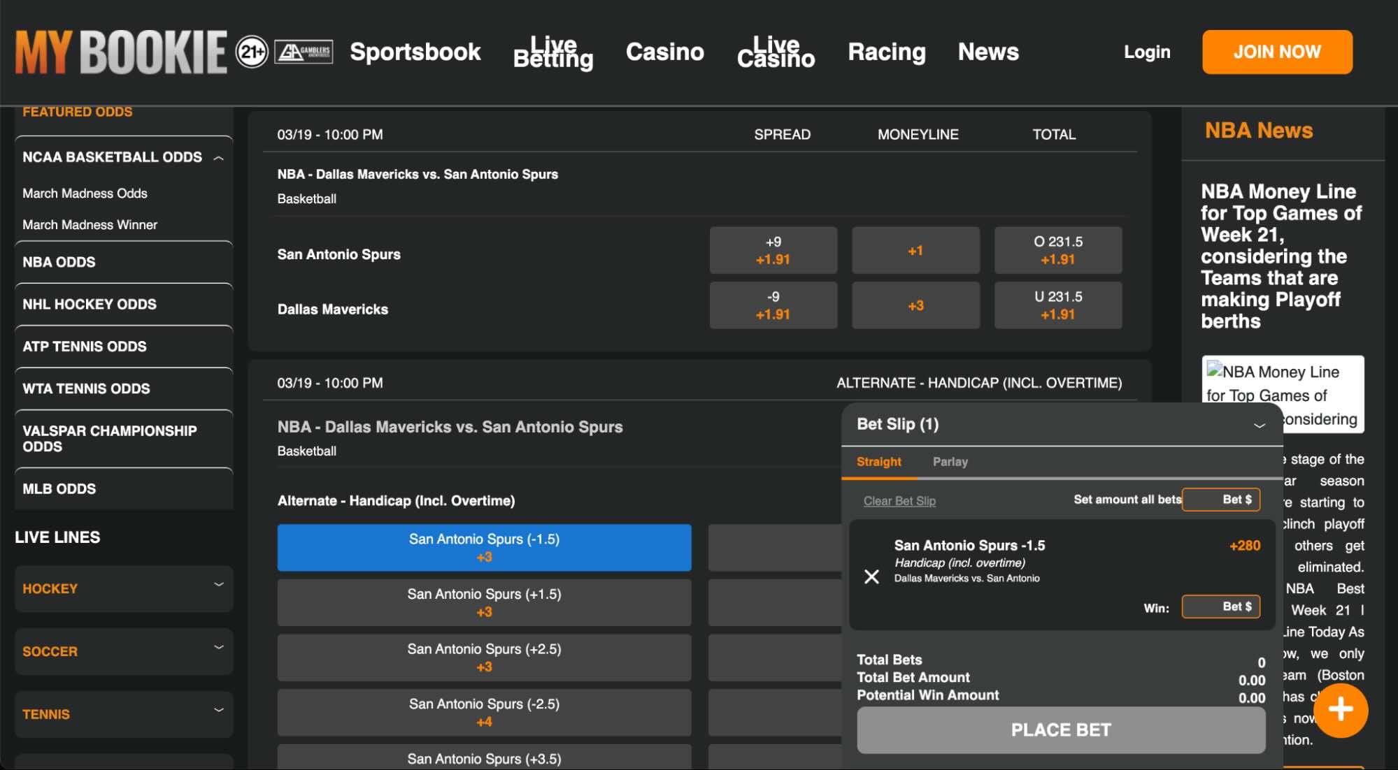 A screenshot of alternate spread points at MyBookie