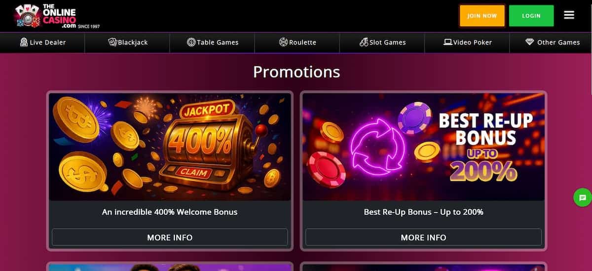 The Online Casino promotions page