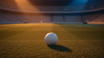 Floodlit football pitch with match ball on centre spot, dramatic shadows, empty stadium stands at dusk, anticipatory pre-match mood.
