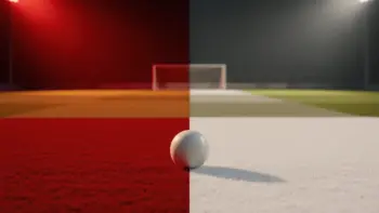Empty floodlit stadium pitch at dusk, split in red and white lighting, match ball on centre spot—Belgium vs Egypt World Cup preview atmosphere.