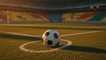 Floodlit football pitch with ball on penalty spot, dramatic stadium shadows, green and gold lighting at dusk