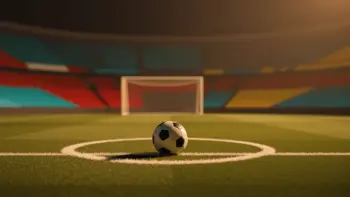 Floodlit stadium pitch with football on penalty spot, dramatic lighting and shadow patterns, pre-match atmosphere.