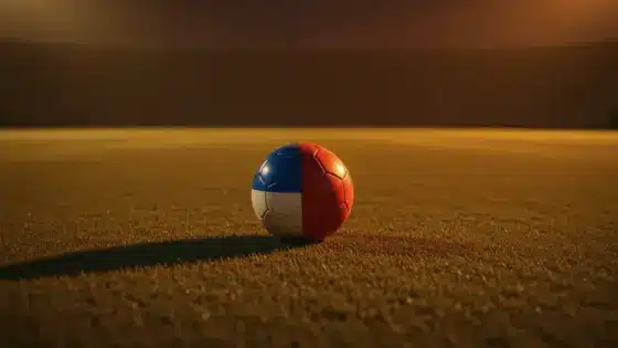 Empty floodlit football pitch at dusk with ball on penalty spot, orange and blue lighting tones.