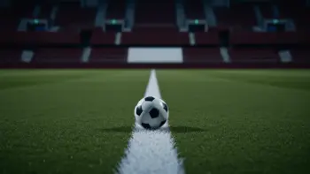 Empty floodlit football pitch with match ball on penalty spot, stadium lights and maroon-red and white colour tones, pre-match atmosphere.