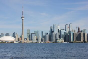 Toronto skyline with the CN Tower seen across Lake Ontario on a clear day