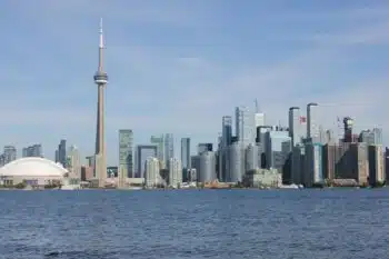Toronto skyline with the CN Tower seen across Lake Ontario on a clear day
