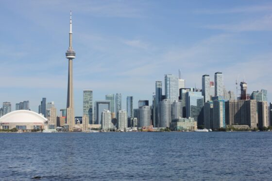 Toronto skyline with the CN Tower seen across Lake Ontario on a clear day