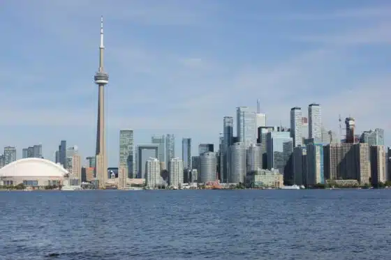 Toronto skyline with the CN Tower seen across Lake Ontario on a clear day