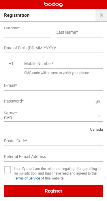 Bodog Account Registration Form